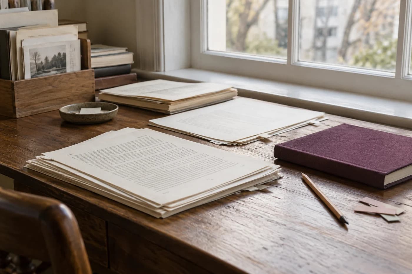 Manuscript pages and a clothbound notebook on a desk