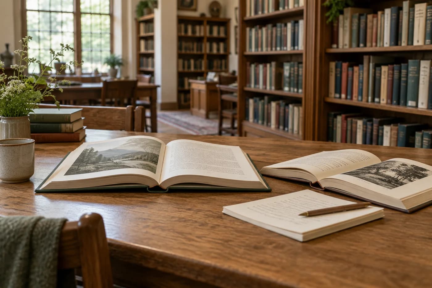 Open books and reading notes in a library