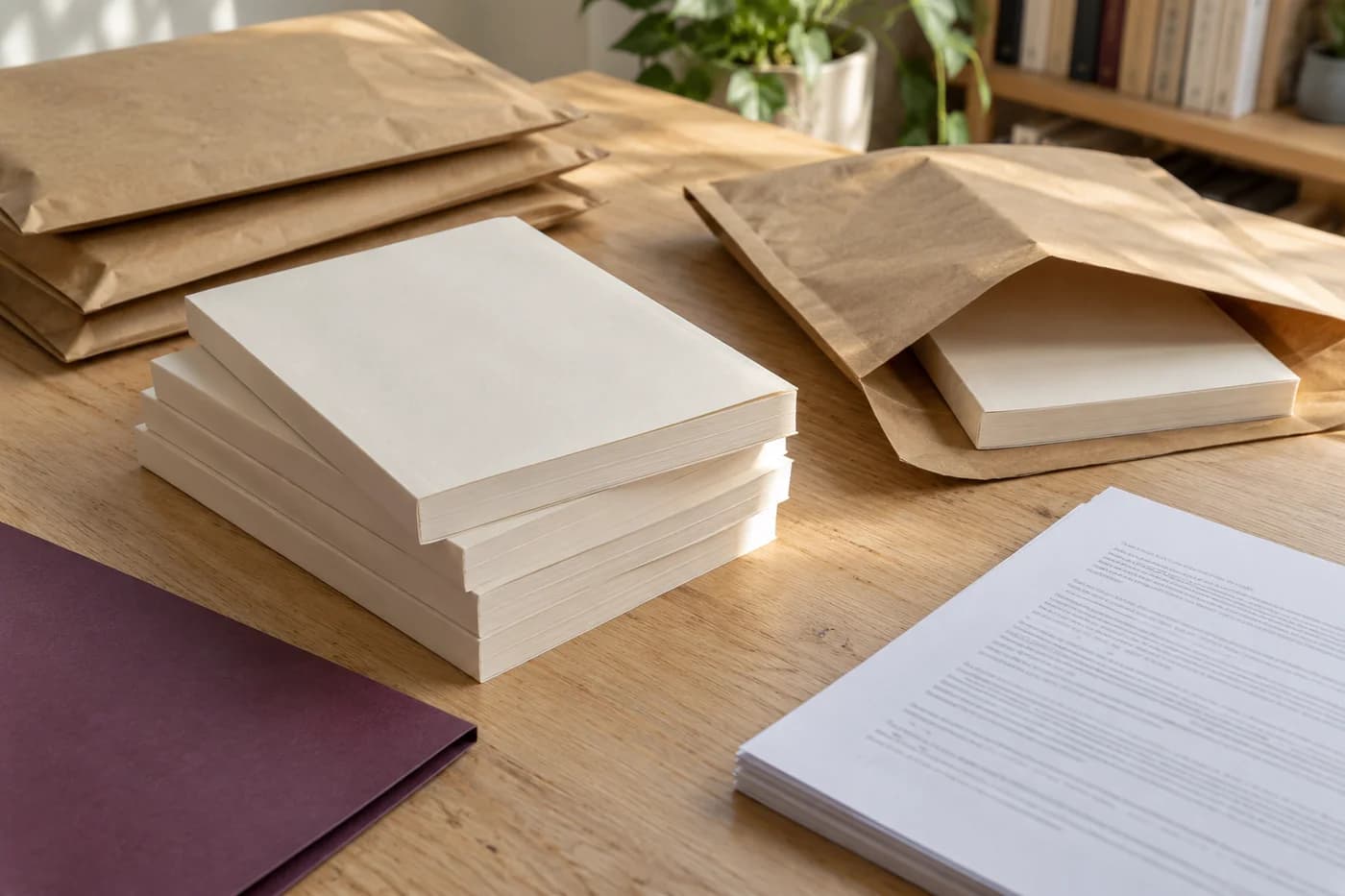 Paperback review copies and kraft mailing envelopes